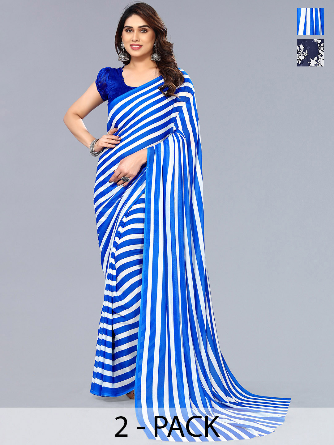 

ANAND SAREES Selection of 2 Floral Printed Saree, Blue