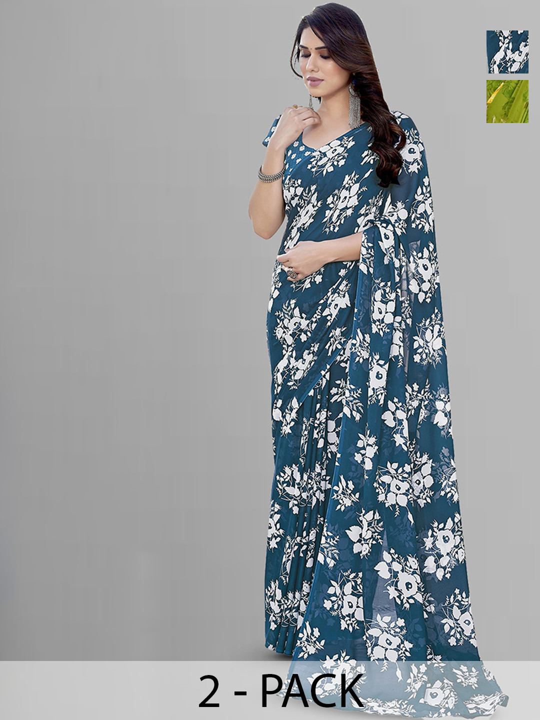 

ANAND SAREES Selection Of 2 Floral Printed Saree, Green