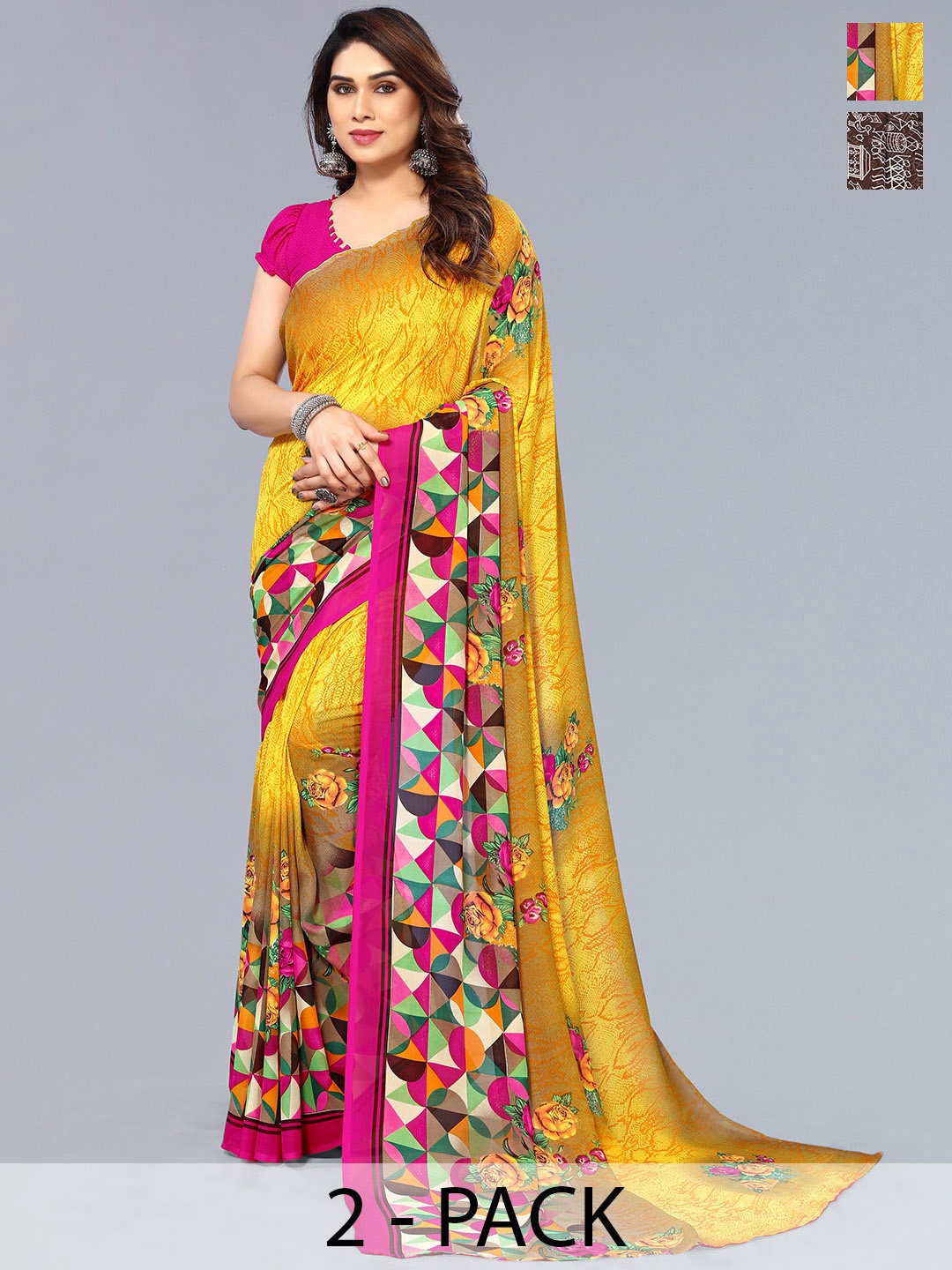 

ANAND SAREES Selection of 2 Printed Saree, Yellow