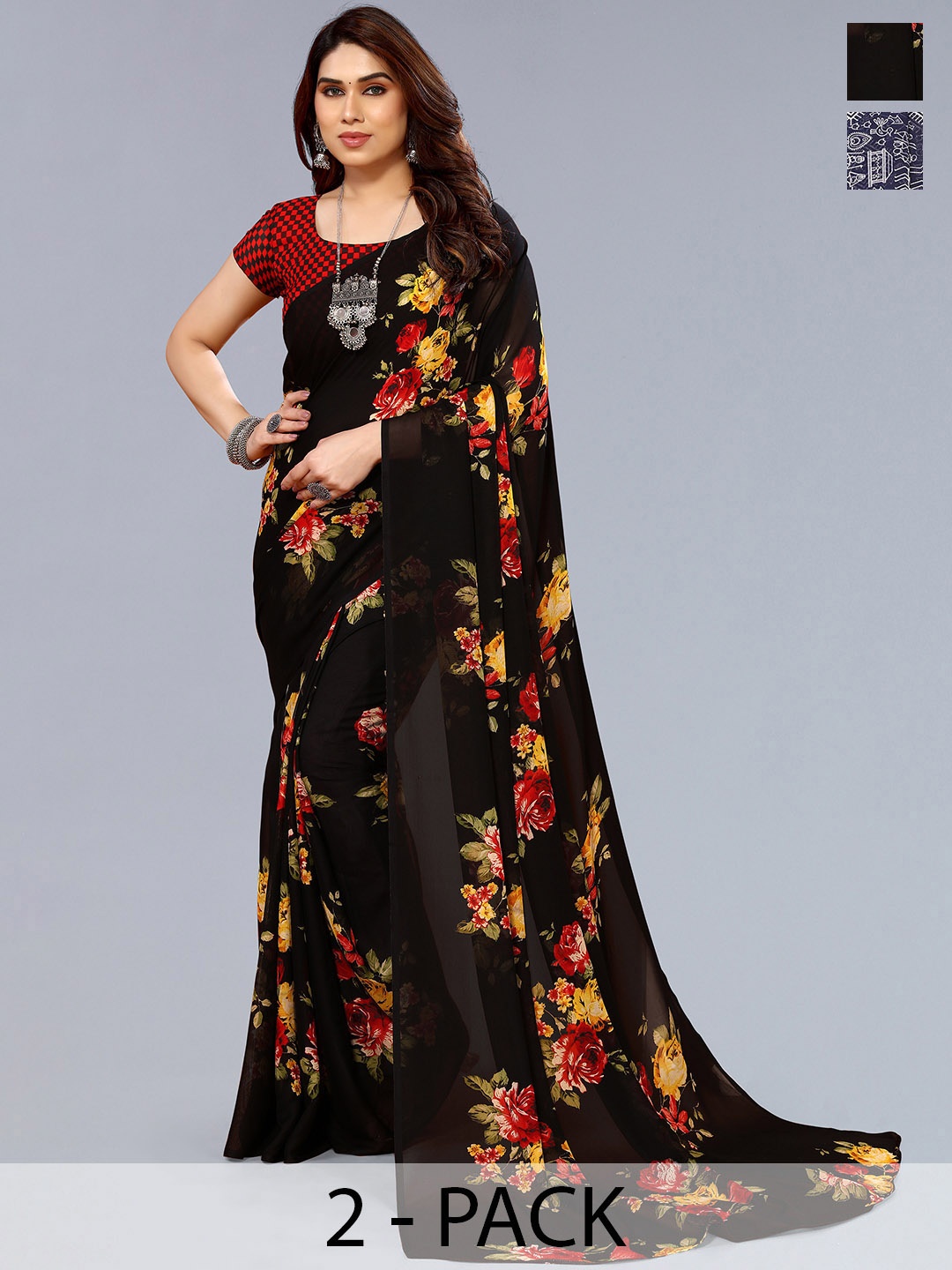 

ANAND SAREES Selection of 2 Floral Printed Saree, Black