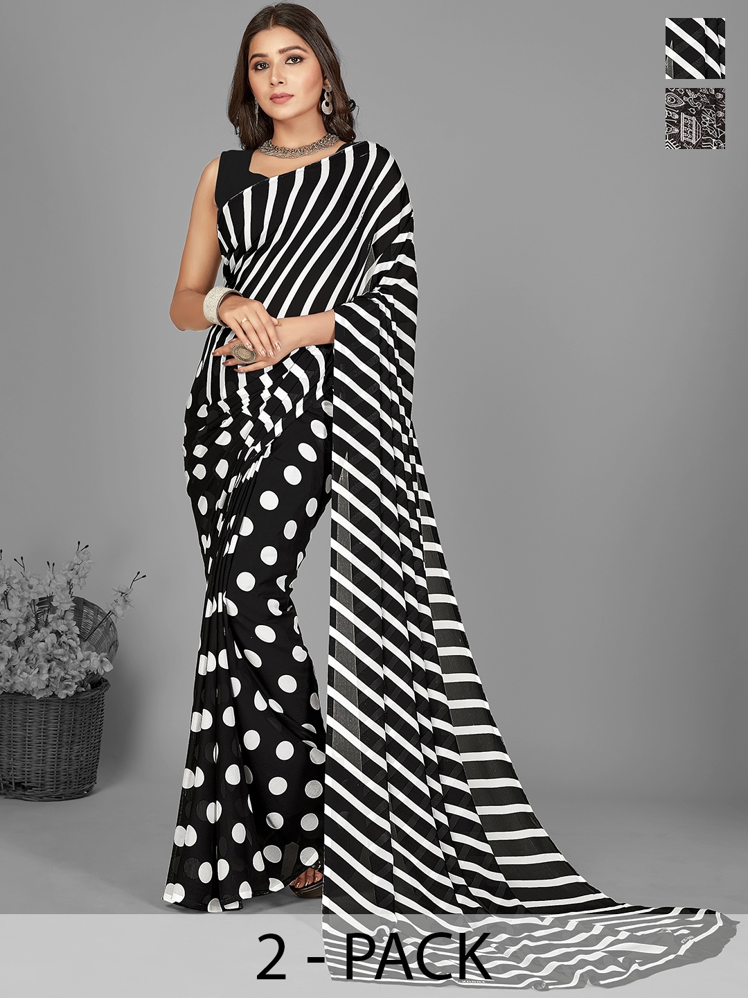 

ANAND SAREES Selection of 2 Striped Printed Saree, Black