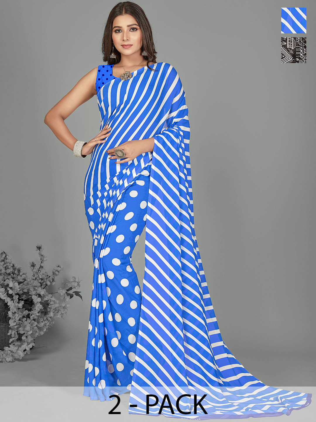 

ANAND SAREES Selection of 2 Striped Printed Saree, Blue