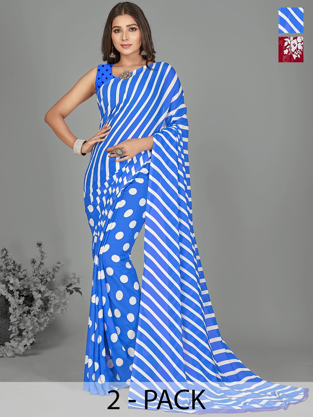 ANAND SAREES Selection of 2 Floral Printed Saree, Red