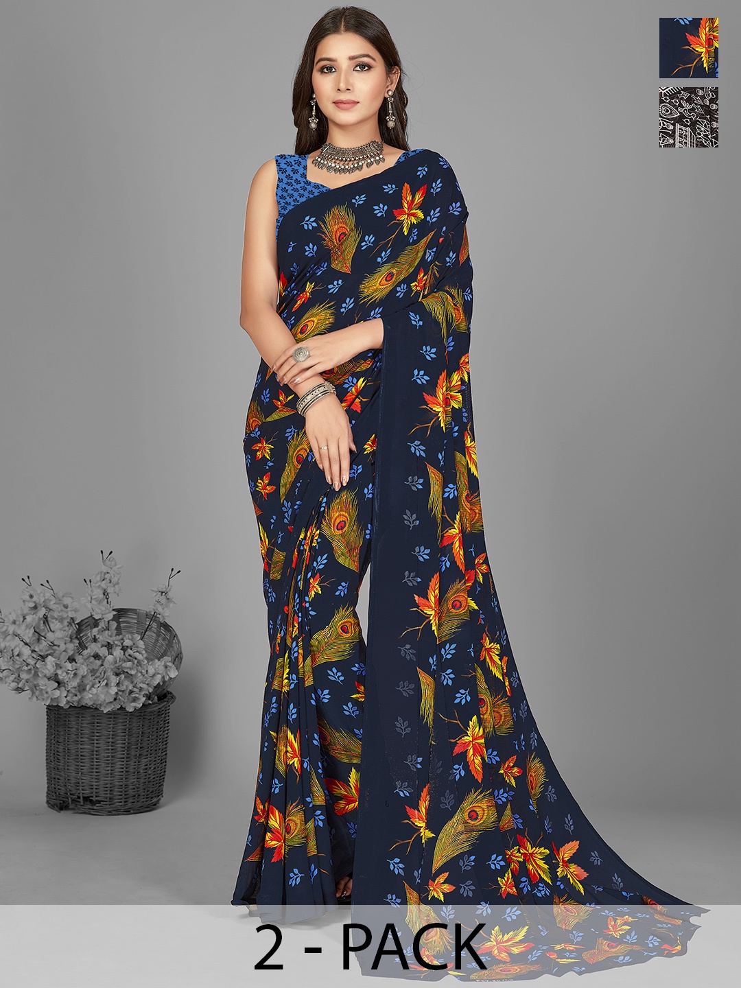 

ANAND SAREES Selection of 2 Printed Saree, Black