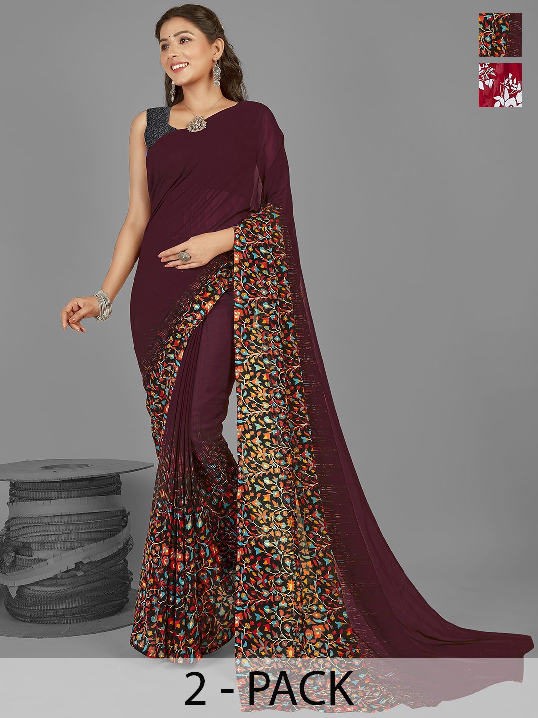 

ANAND SAREES Selection of 2 Floral Printed Saree, Red
