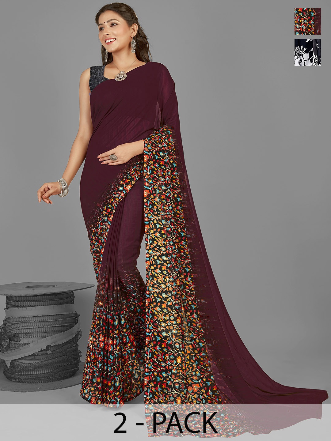 

ANAND SAREES Selection of 2 Floral Printed Saree, Black