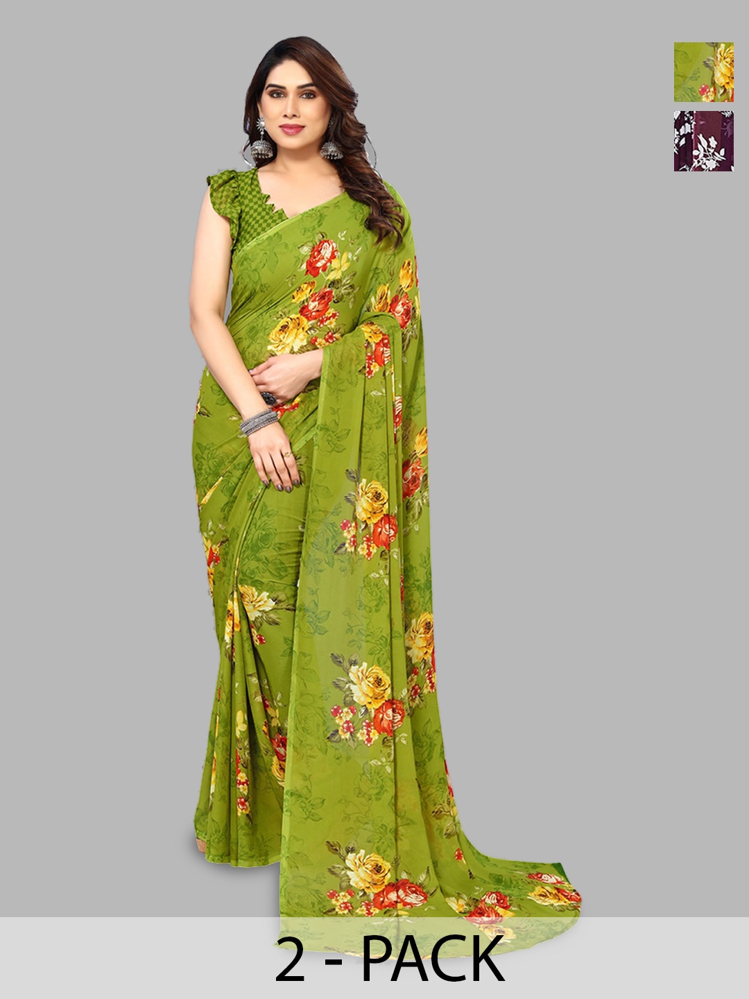 

ANAND SAREES Selection Of 2 Floral Printed Saree, Burgundy