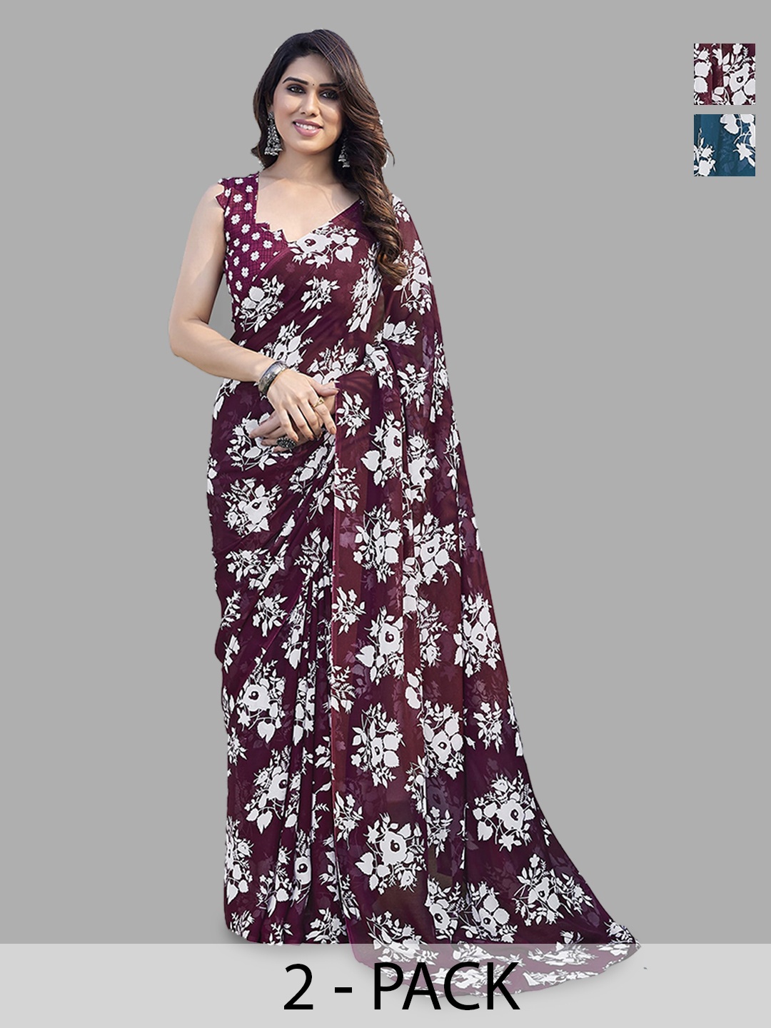 ANAND SAREES Selection of 2 Floral Printed Saree, White