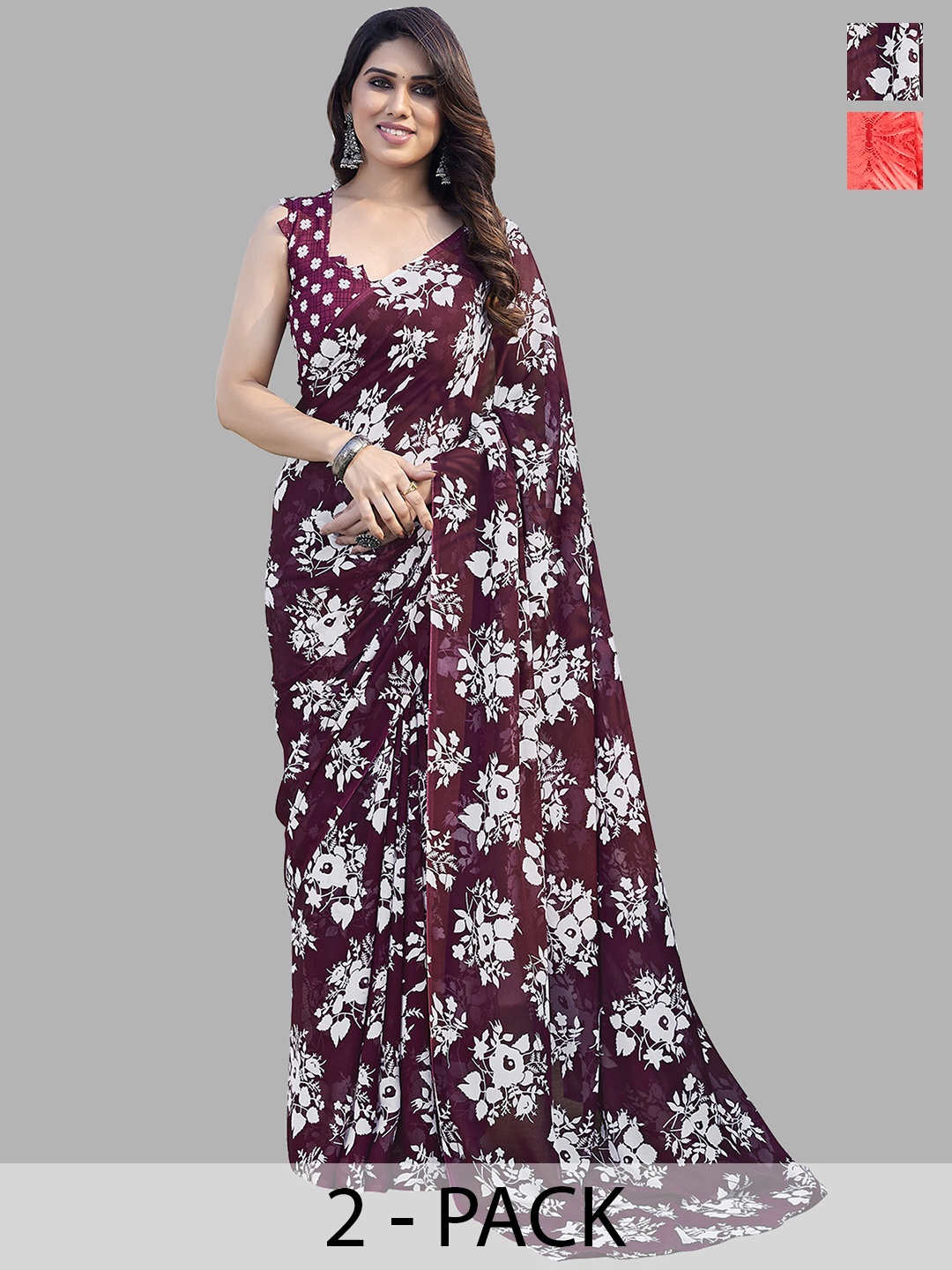 

ANAND SAREES Selection of 2 Floral Printed Saree, Maroon