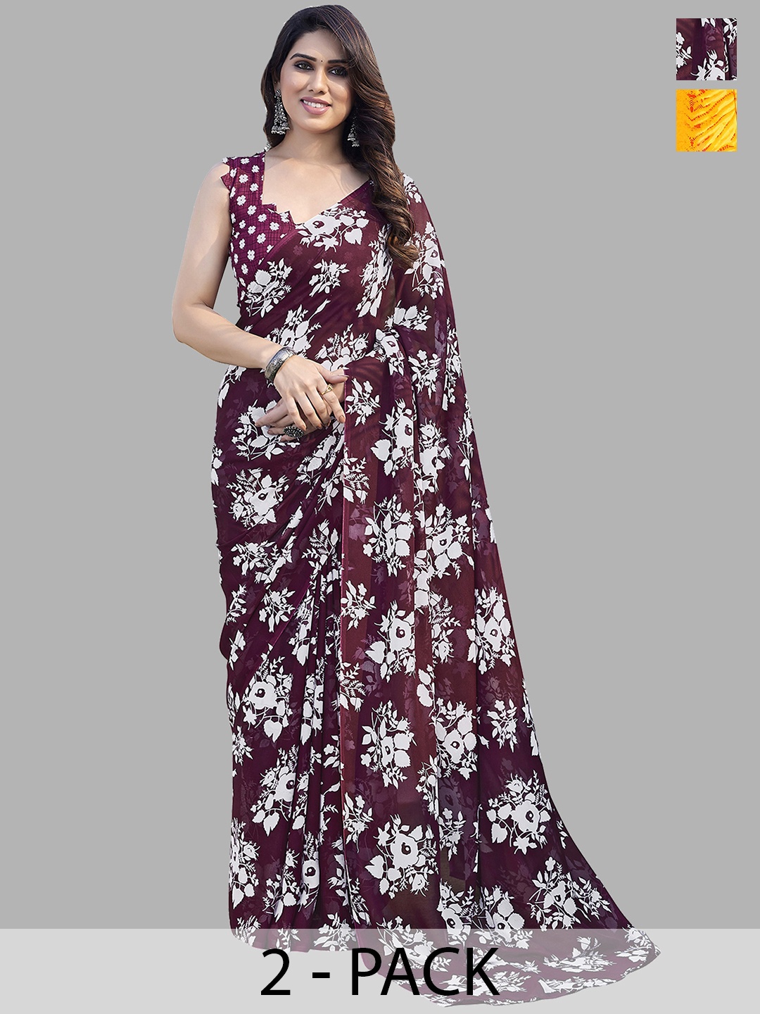

ANAND SAREES Selection of 2 Floral Printed Saree, Burgundy