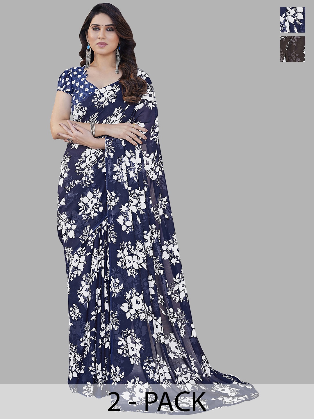 ANAND SAREES Selection of 2 Floral Printed Saree, Navy blue