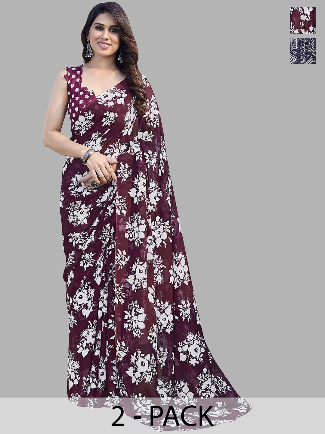 

ANAND SAREES Floral Saree Pack of 2, Burgundy