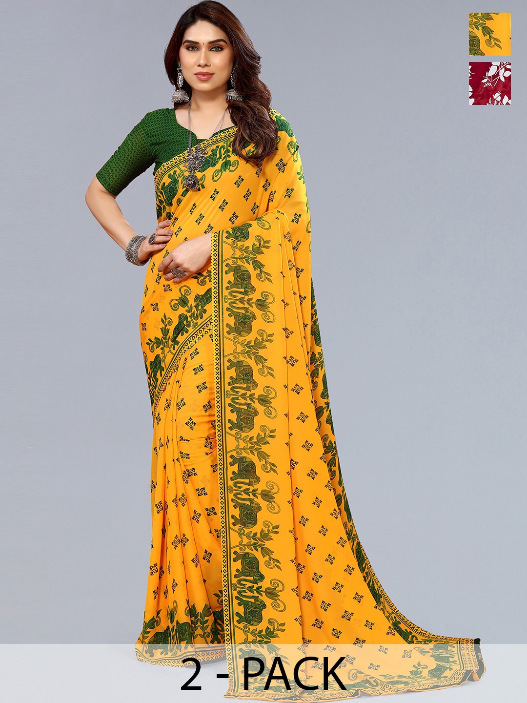 ANAND SAREES Selection of 2 Floral Printed Saree, Red