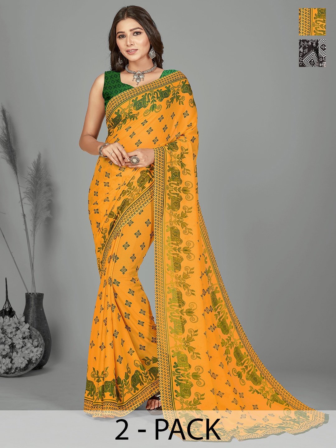 

ANAND SAREES Selection of 2 Printed Saree, Black