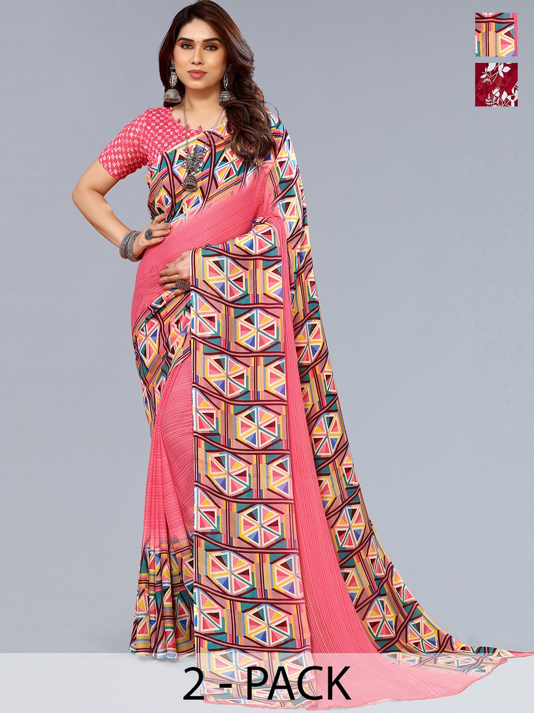 

ANAND SAREES Selection of 2 Floral Printed Saree, Red