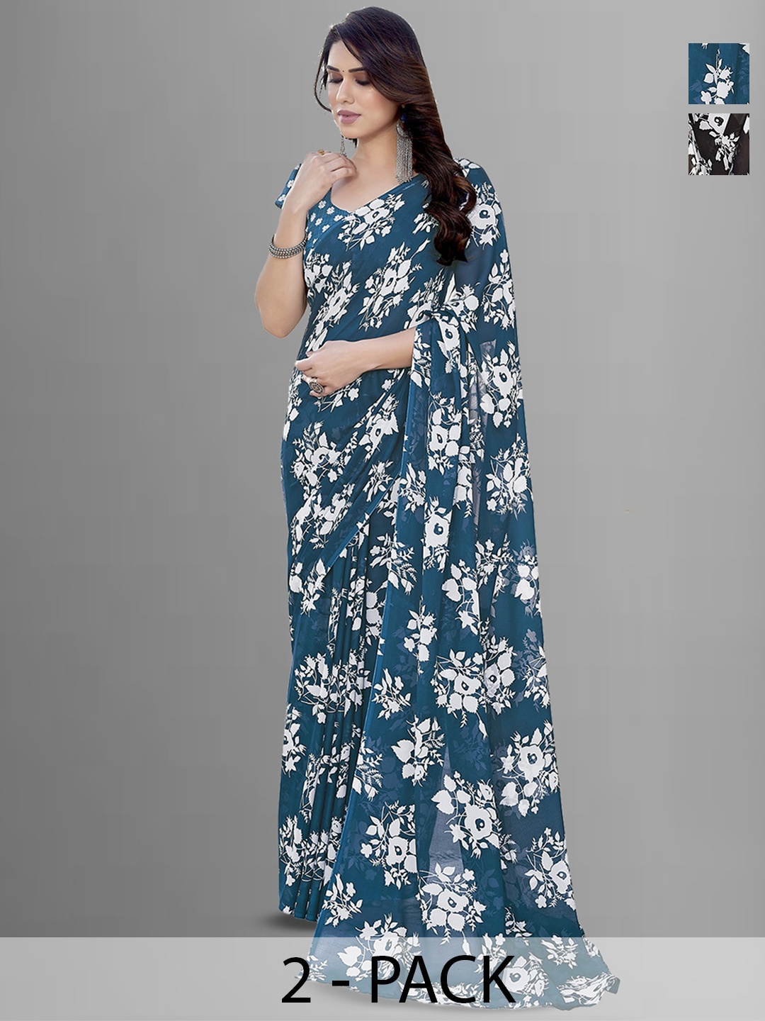 

ANAND SAREES Selection of 2 Floral Printed Saree, Teal