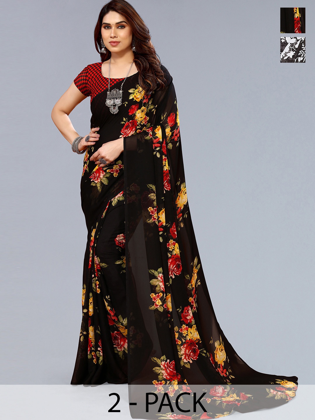 

ANAND SAREES Selection of 2 Floral Printed Saree, Black