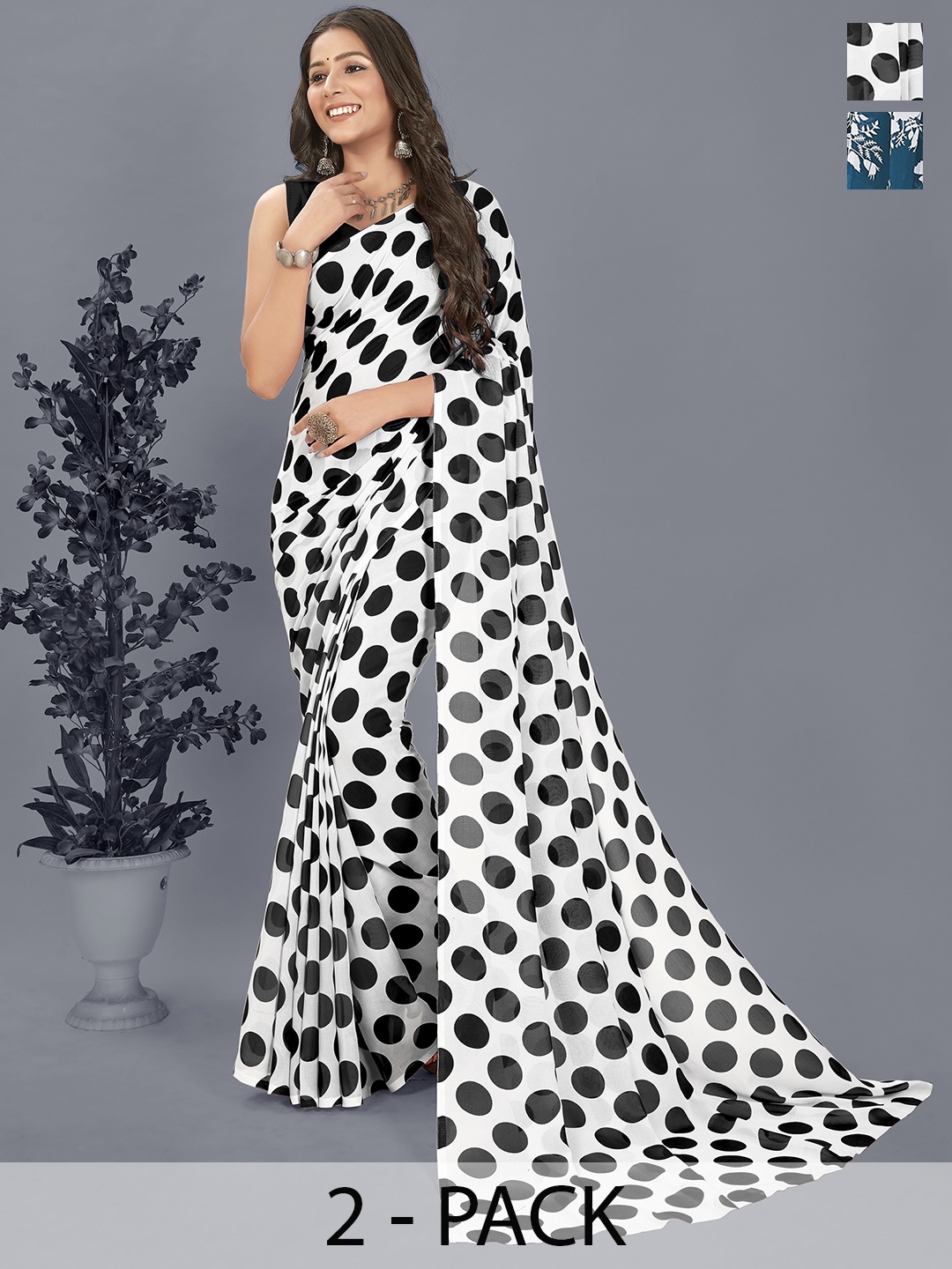 

ANAND SAREES Selection of 2 Floral Printed Saree, Black
