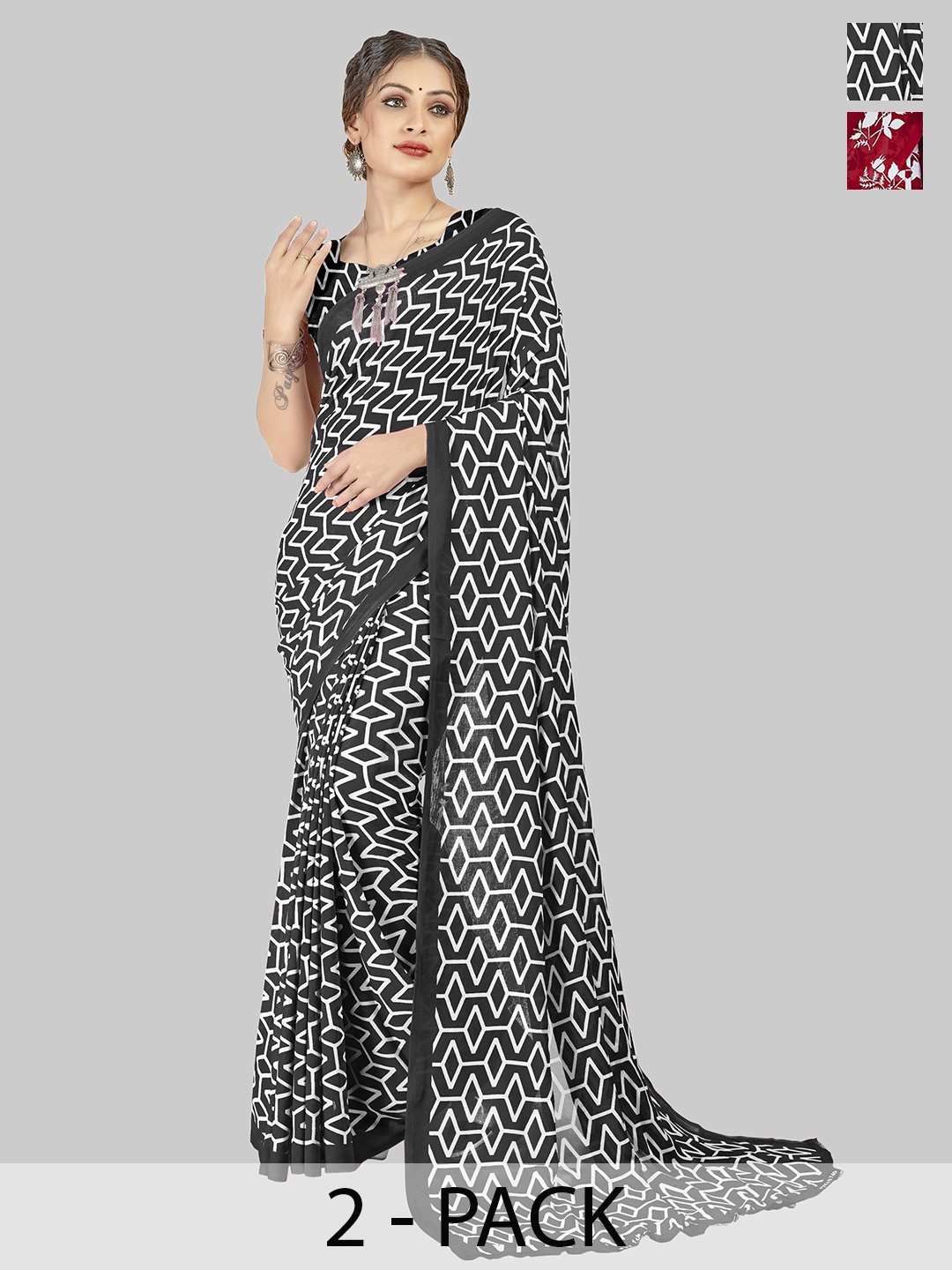 

ANAND SAREES Selection of 2 Floral Printed Saree, Black