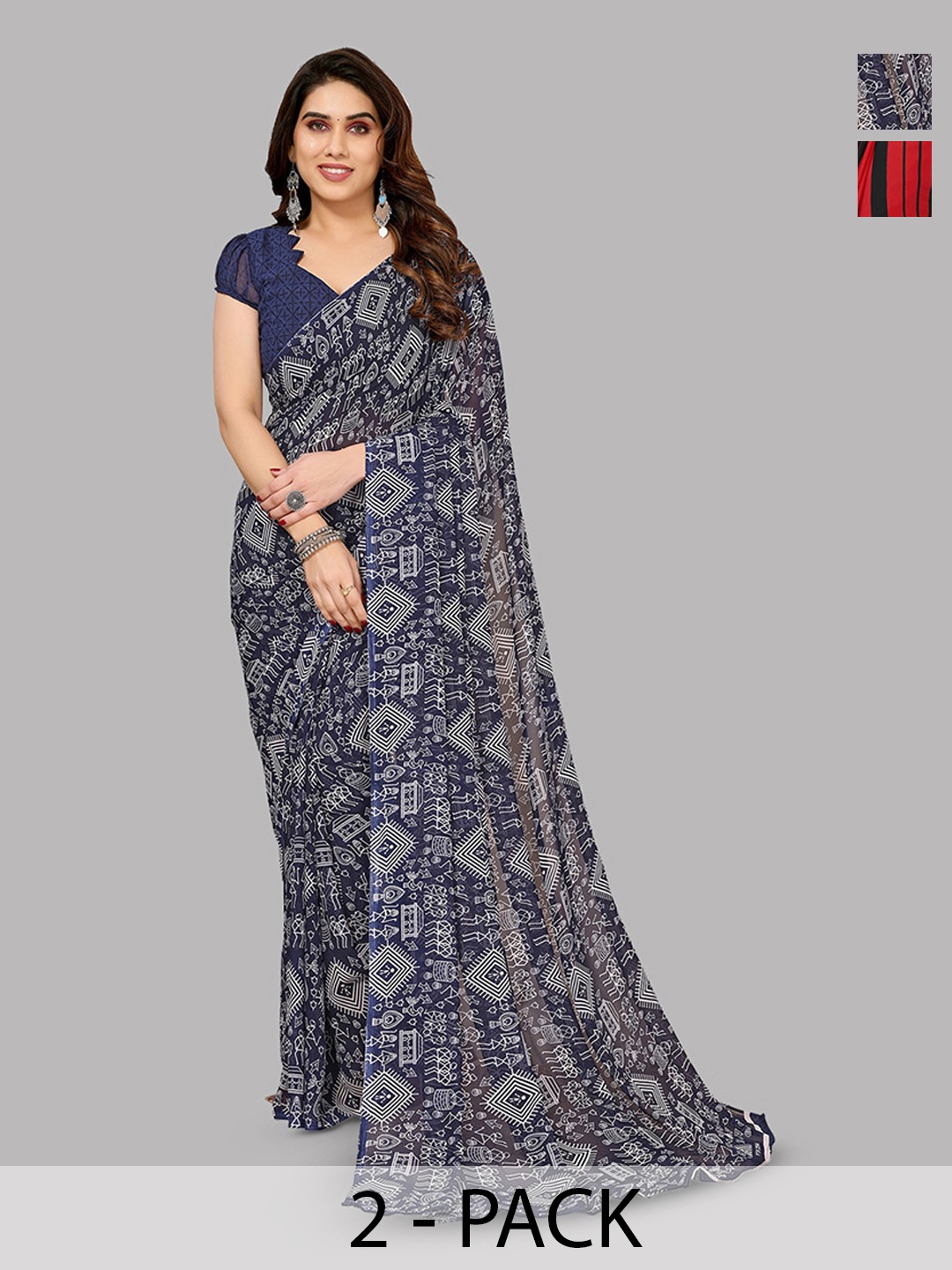 

ANAND SAREES Selection Of 2 Georgette Printed Sarees, Navy blue