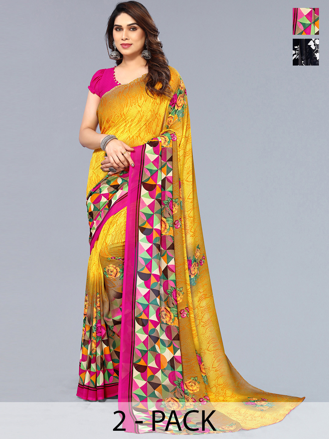 

ANAND SAREES Selection of 2 Floral Printed Saree, Black
