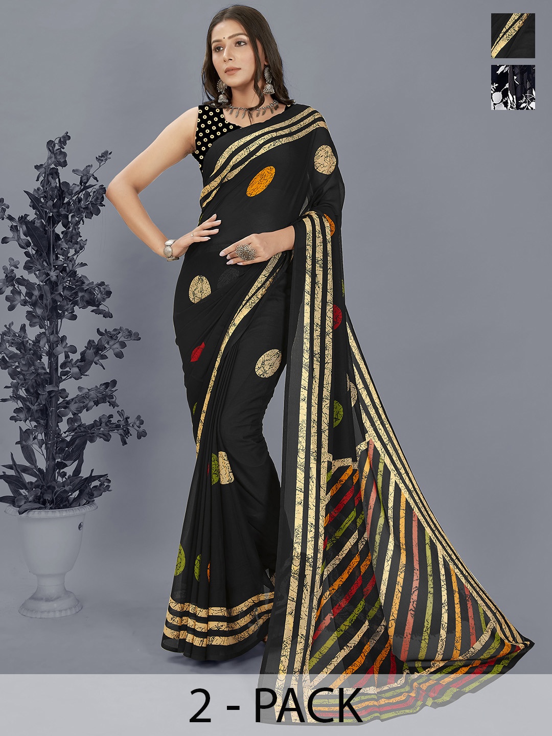 

ANAND SAREES Selection of 2 Floral Printed Saree, Black