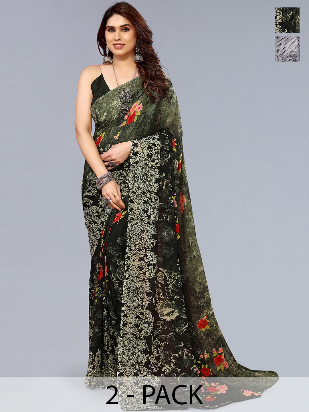 

ANAND SAREES Selection of 2 Floral Printed Saree, Green