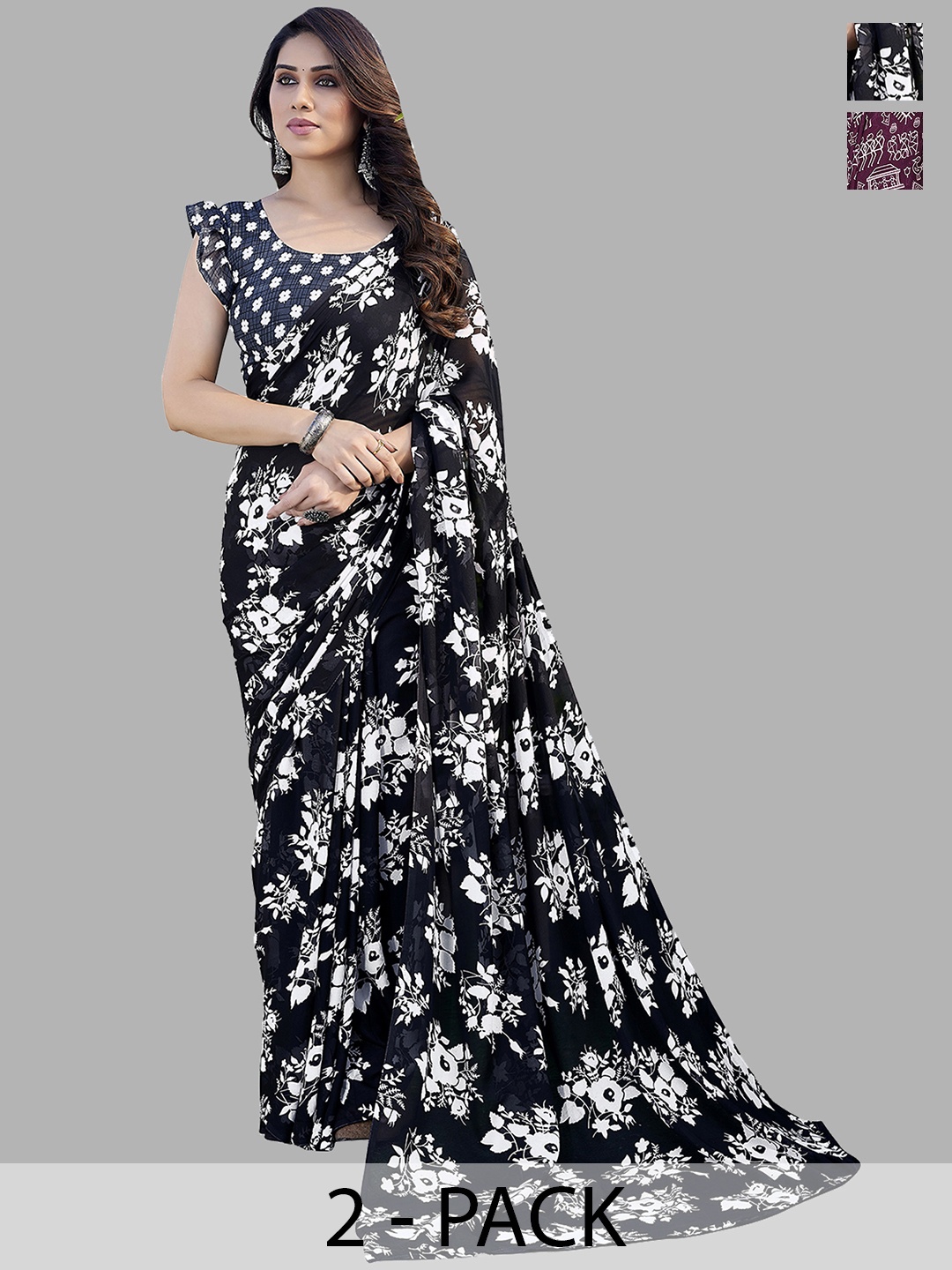 

ANAND SAREES Selection of 2 Floral Printed Saree, Black