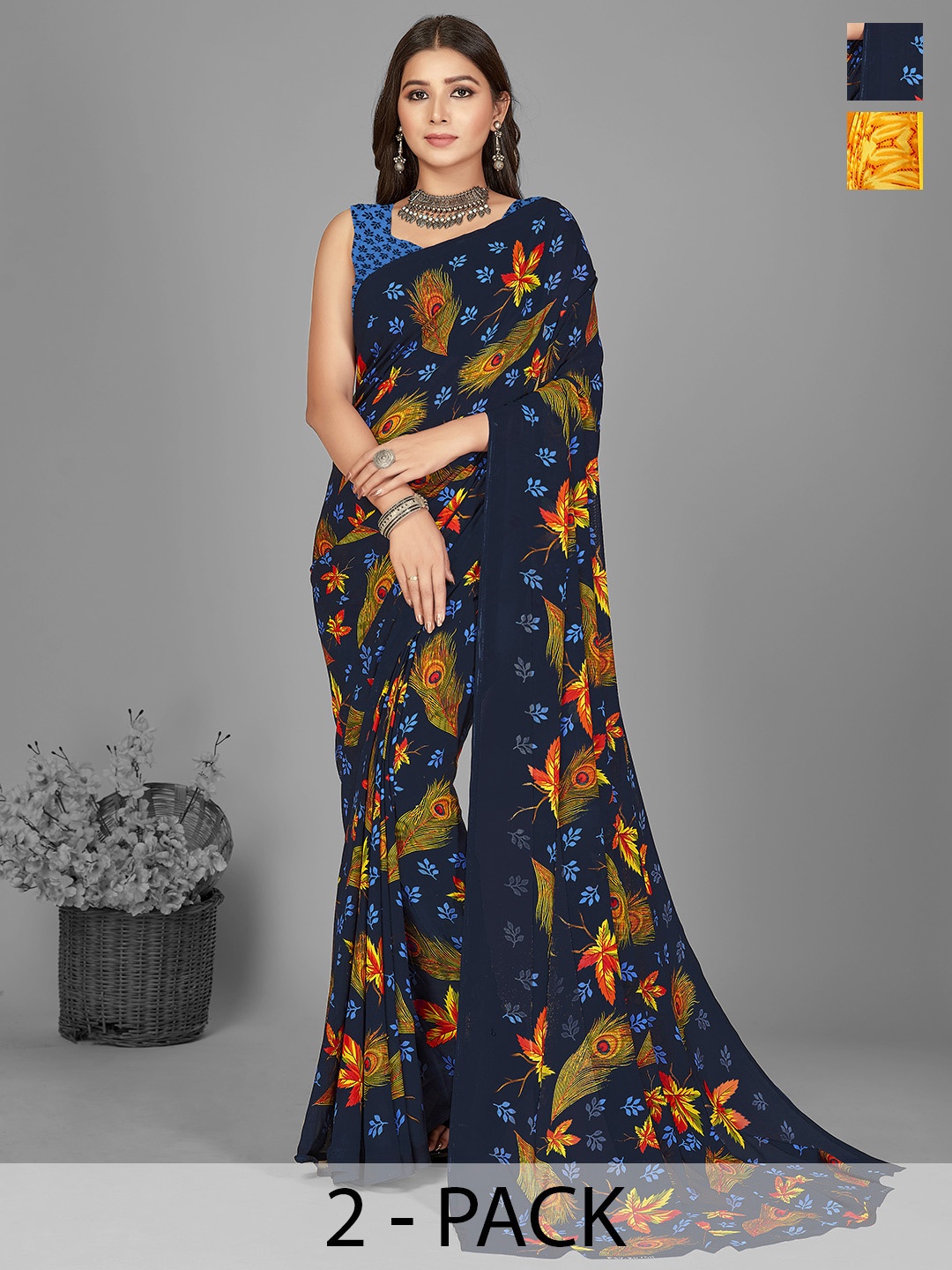 

ANAND SAREES Selection of 2 Floral Printed Saree, Navy blue