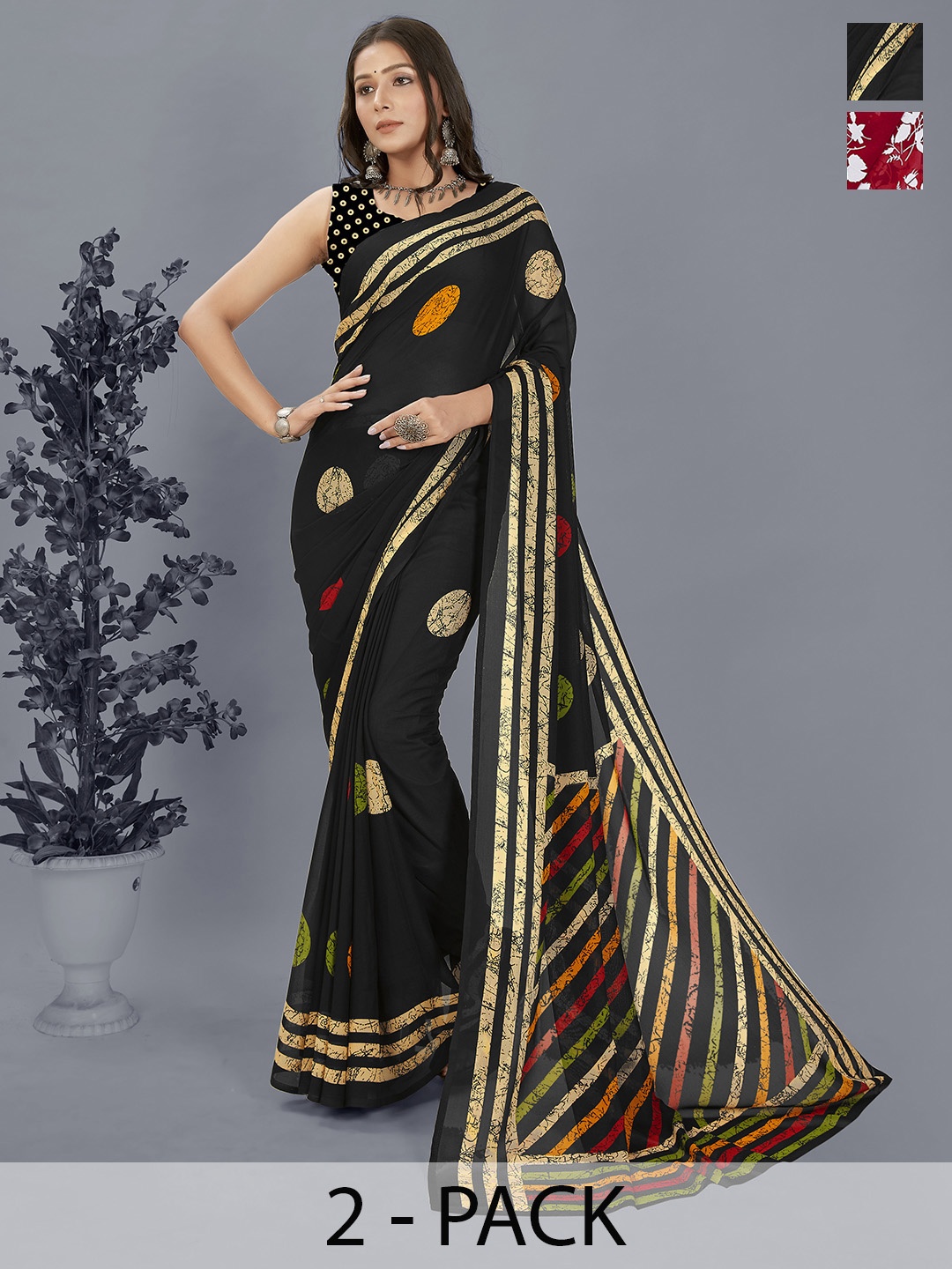 

ANAND SAREES Selection of 2 Floral Printed Saree, Red