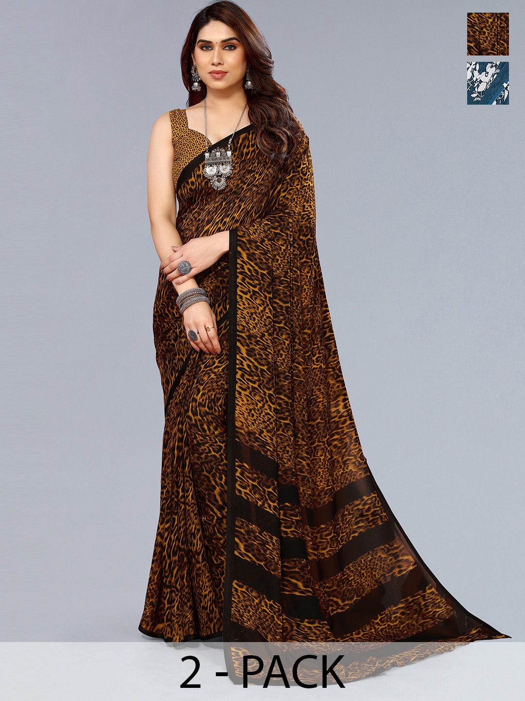 ANAND SAREES Selection of 2 Floral Printed Saree, Black