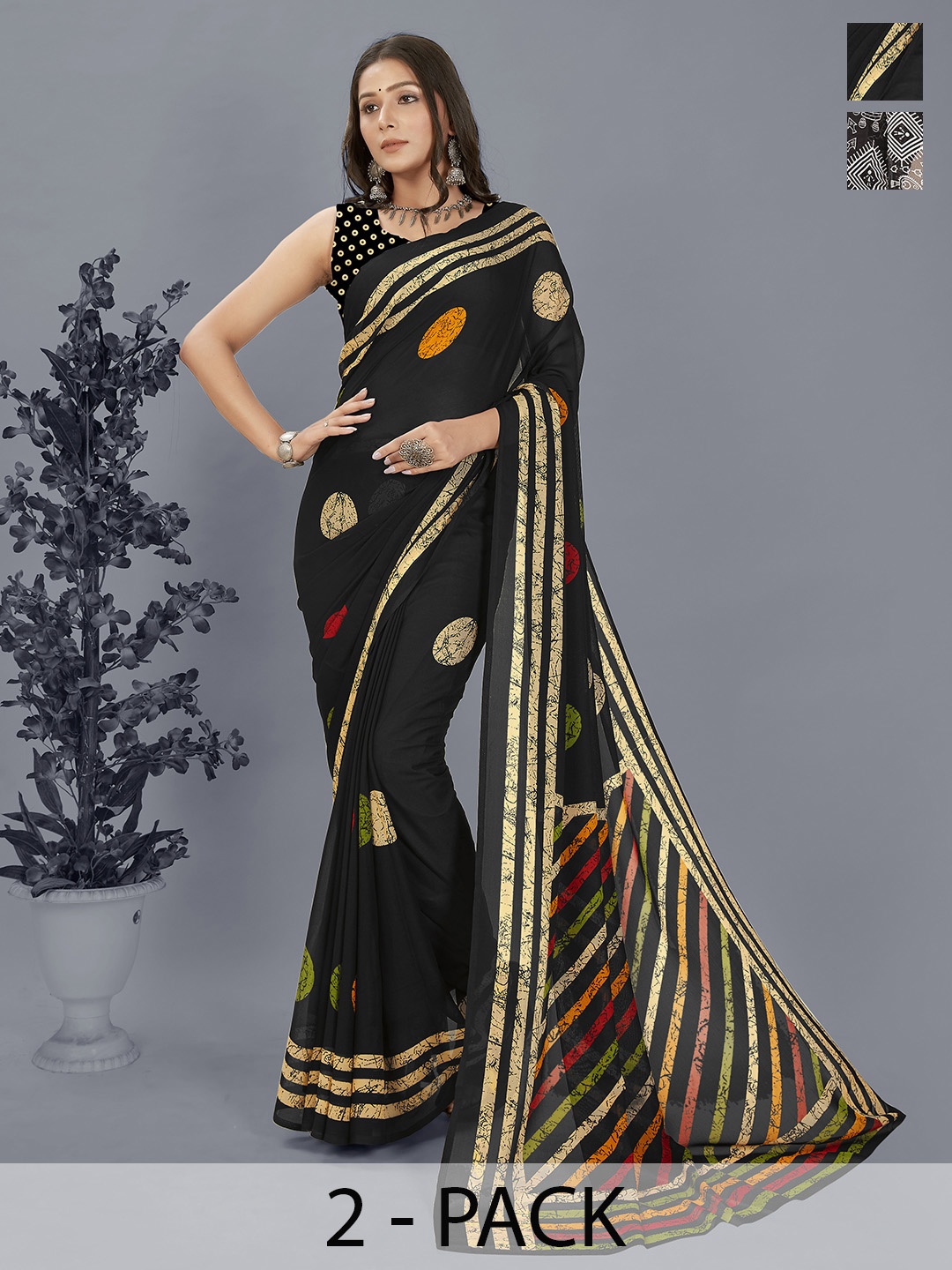 

ANAND SAREES Selection of 2 Printed Saree, Black