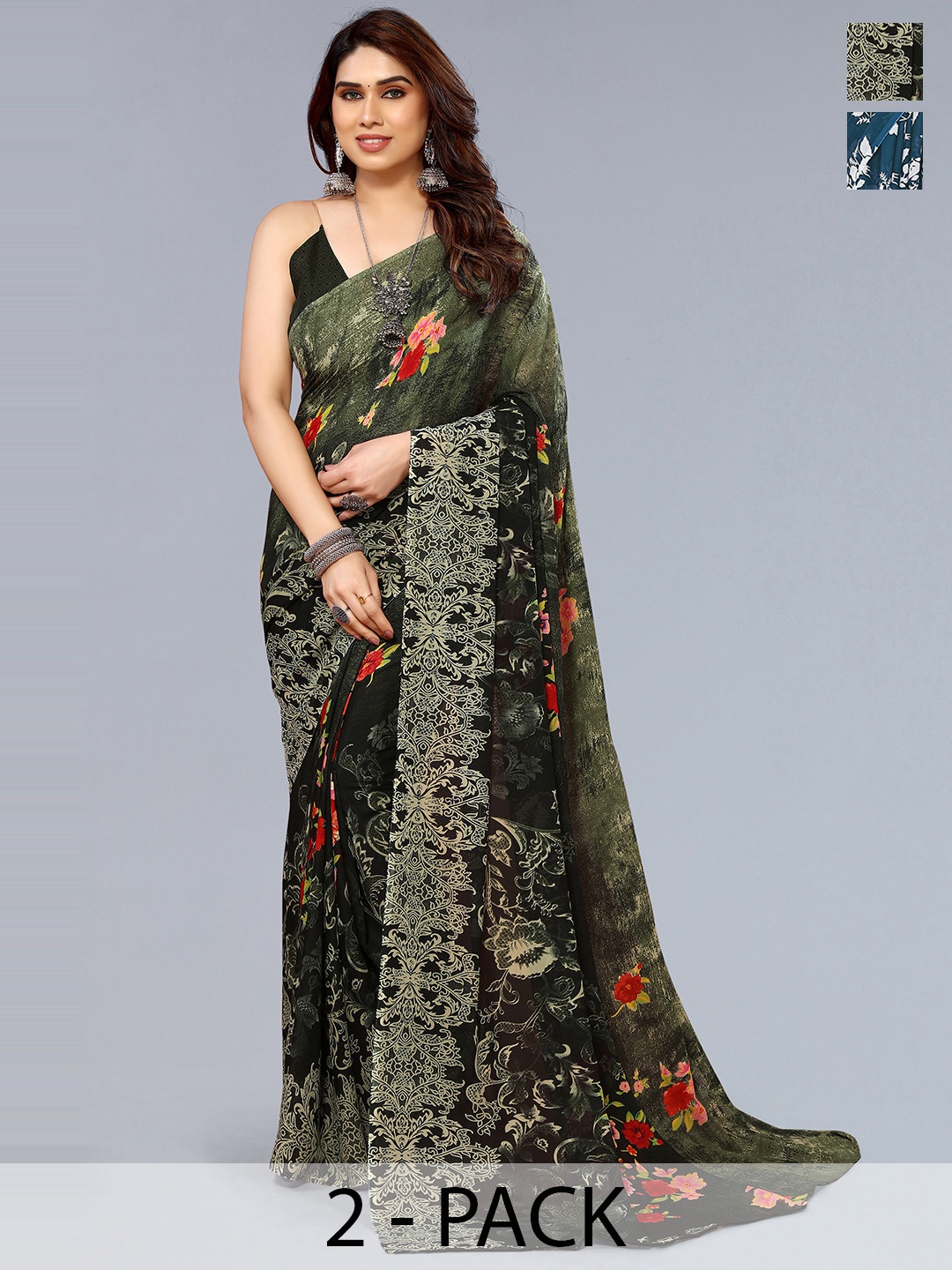 

ANAND SAREES Selection of 2 Floral Printed Saree, Blue