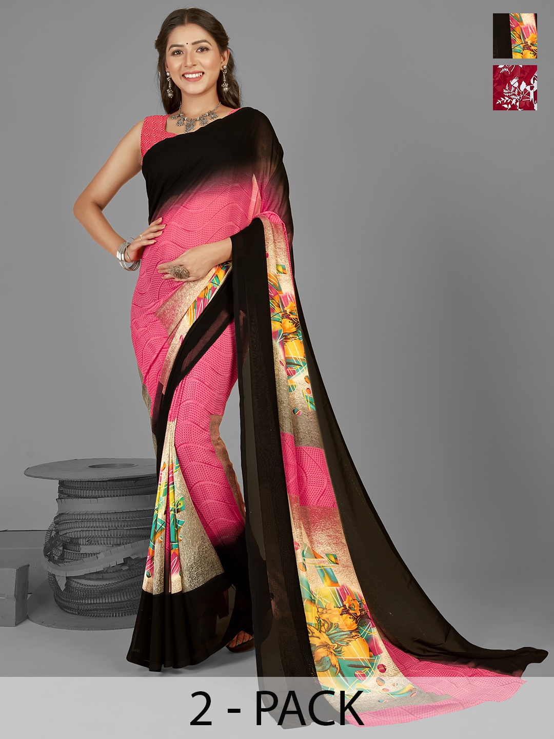 

ANAND SAREES Selection of 2 Floral Printed Saree, Red