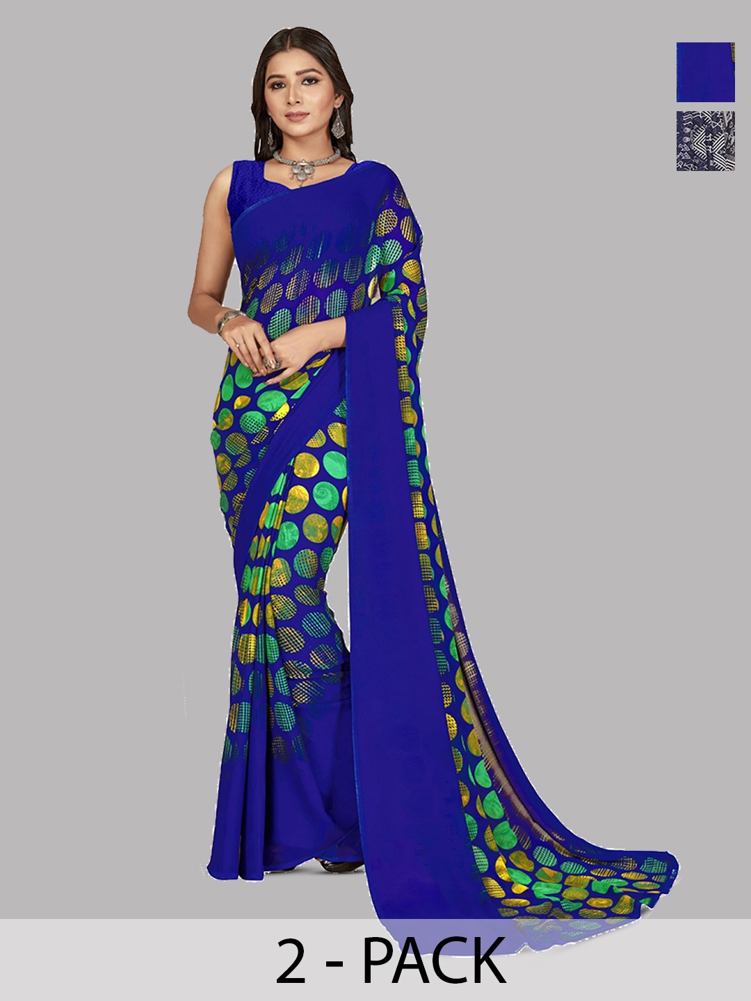 

ANAND SAREES Selection of 2 Geometric Printed Saree, Navy blue