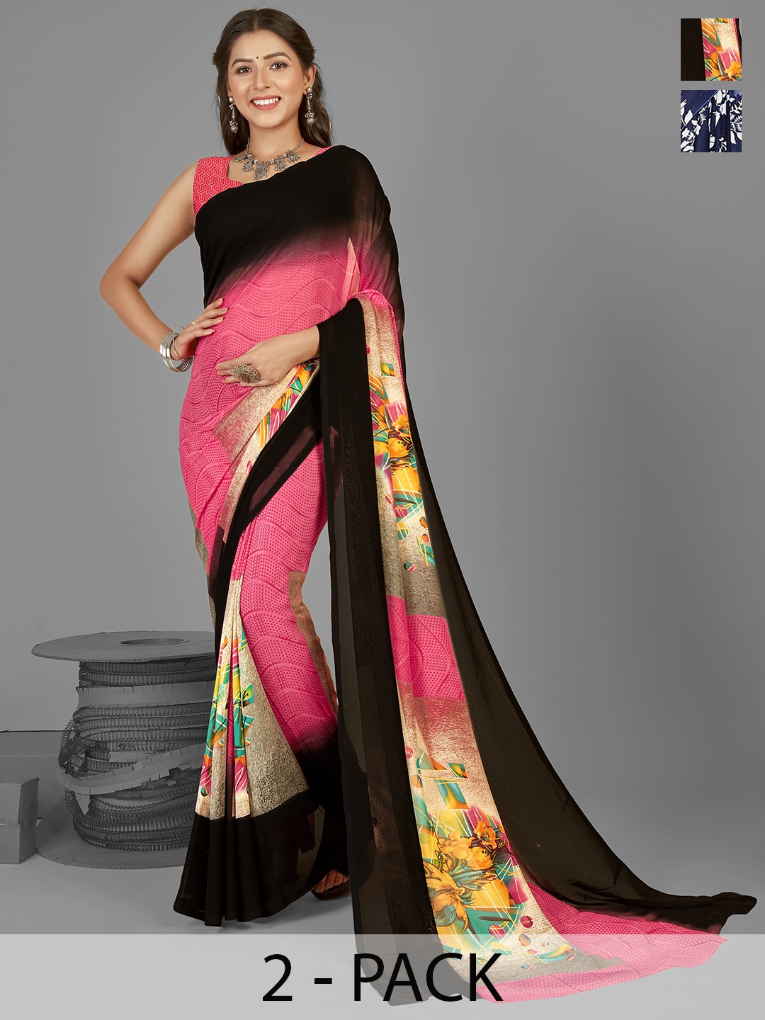 ANAND SAREES Selection of 2 Floral Printed Saree, Blue