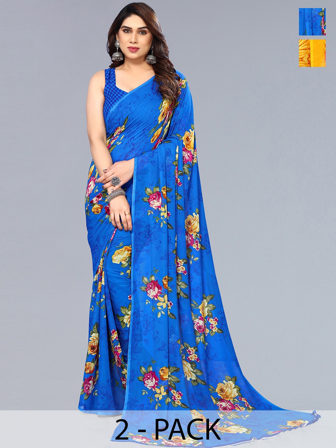 ANAND SAREES Selection of 2 Printed Saree, Blue
