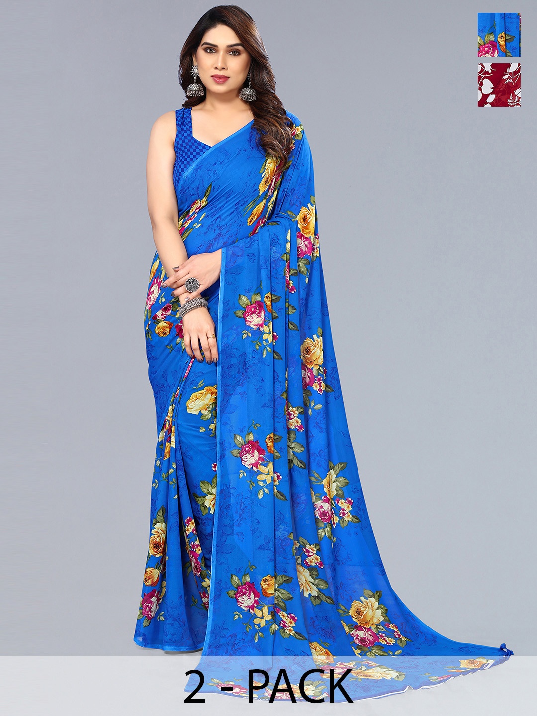 

ANAND SAREES Selection of 2 Floral Printed Saree, Red
