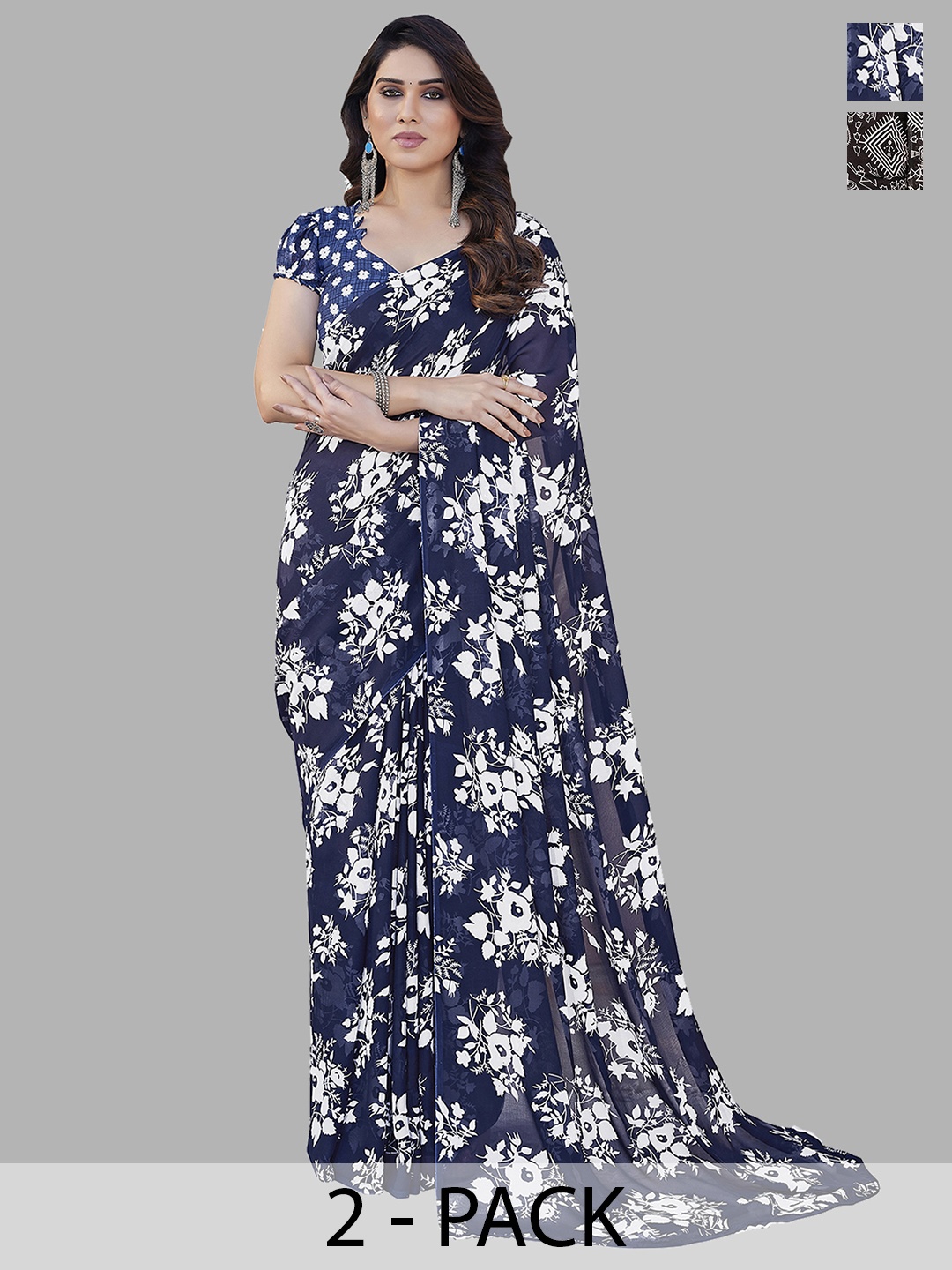 

ANAND SAREES Selection of 2 Floral Printed Saree, Navy blue