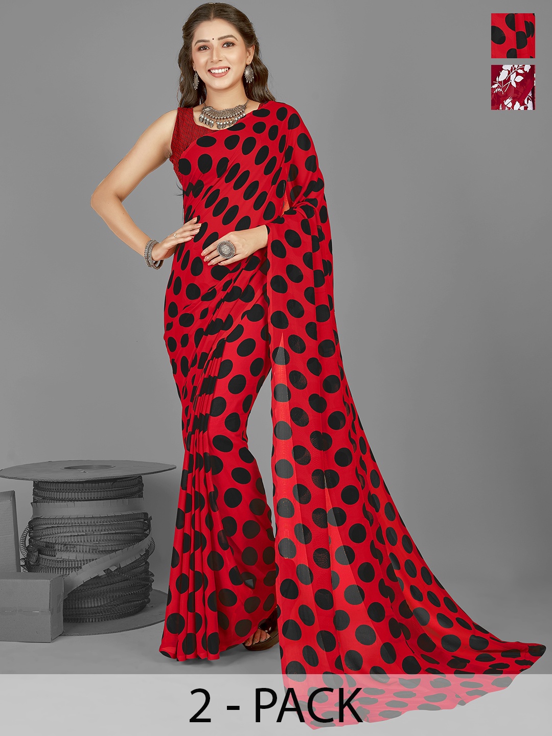 

ANAND SAREES Selection of 2 Floral Printed Saree, Red