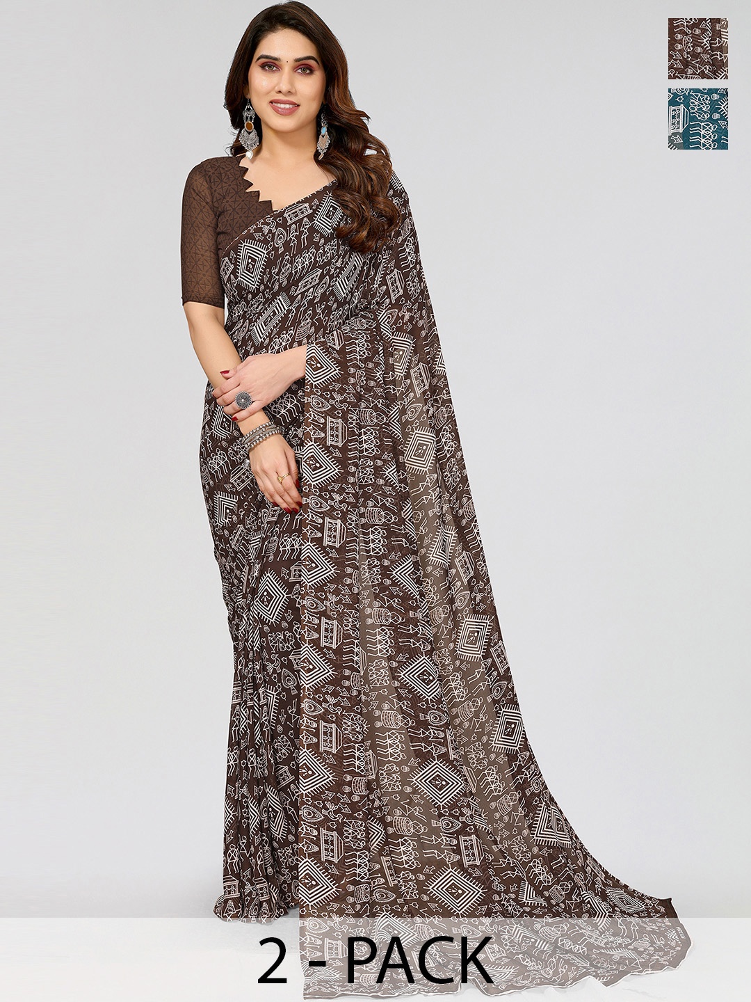 

ANAND SAREES Selection of 2 Printed Saree, Brown