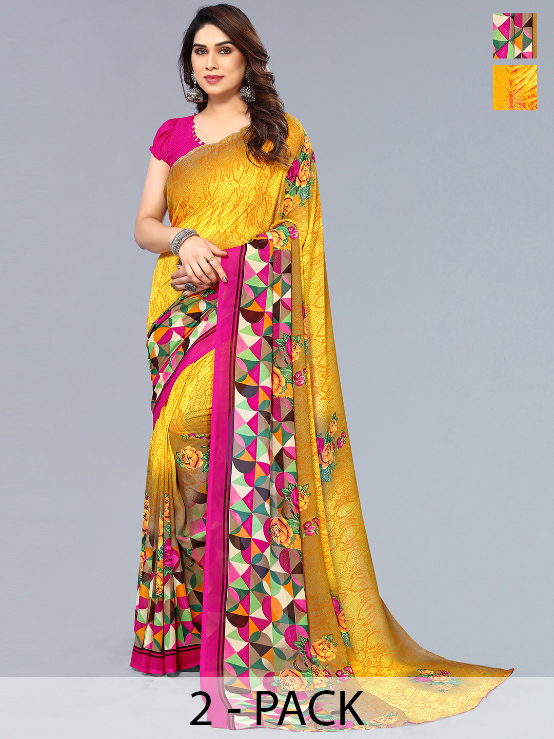 

ANAND SAREES Selection of 2 Printed Saree, Yellow