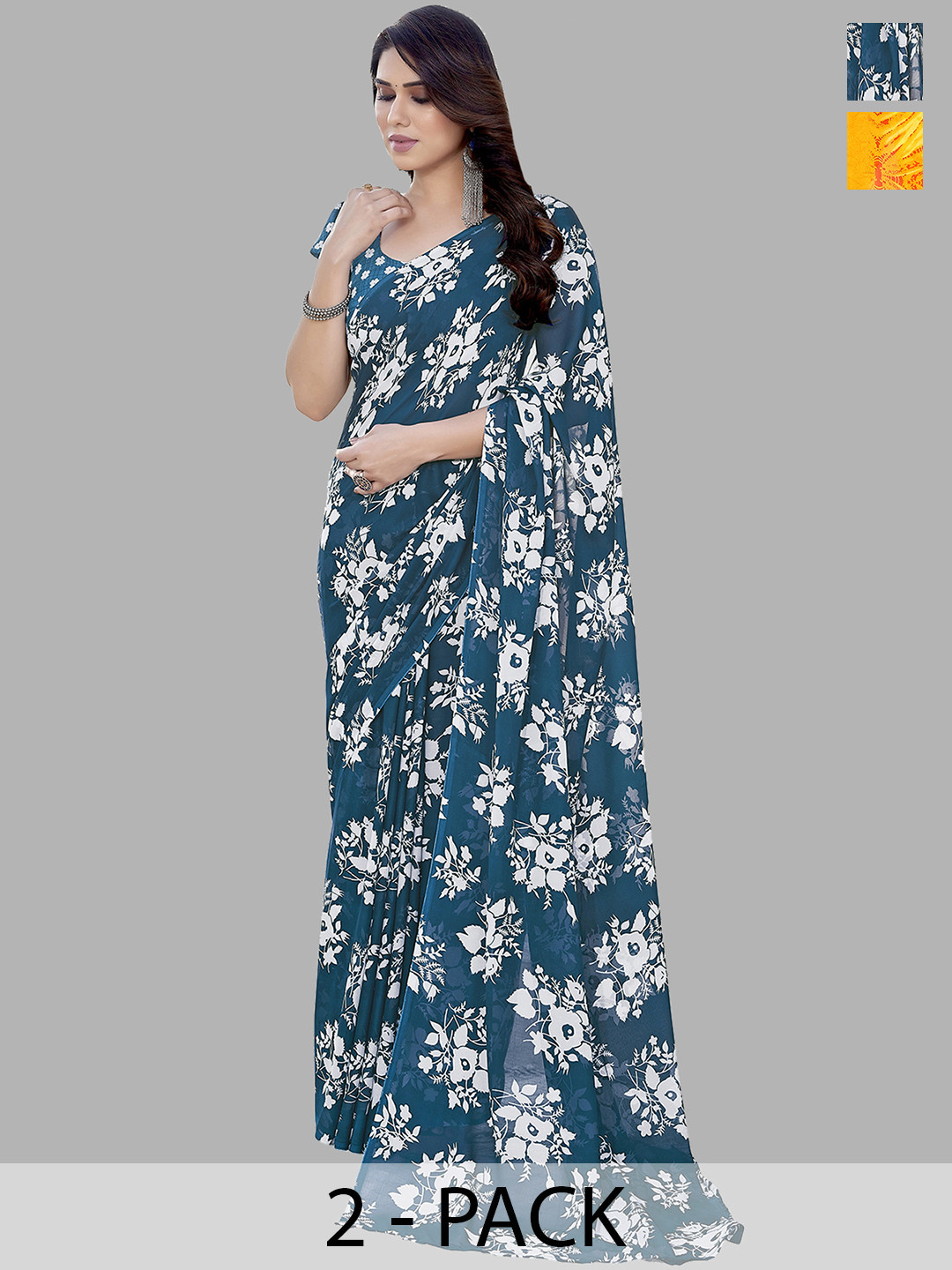 

ANAND SAREES Selection of 2 Floral Printed Saree, Teal