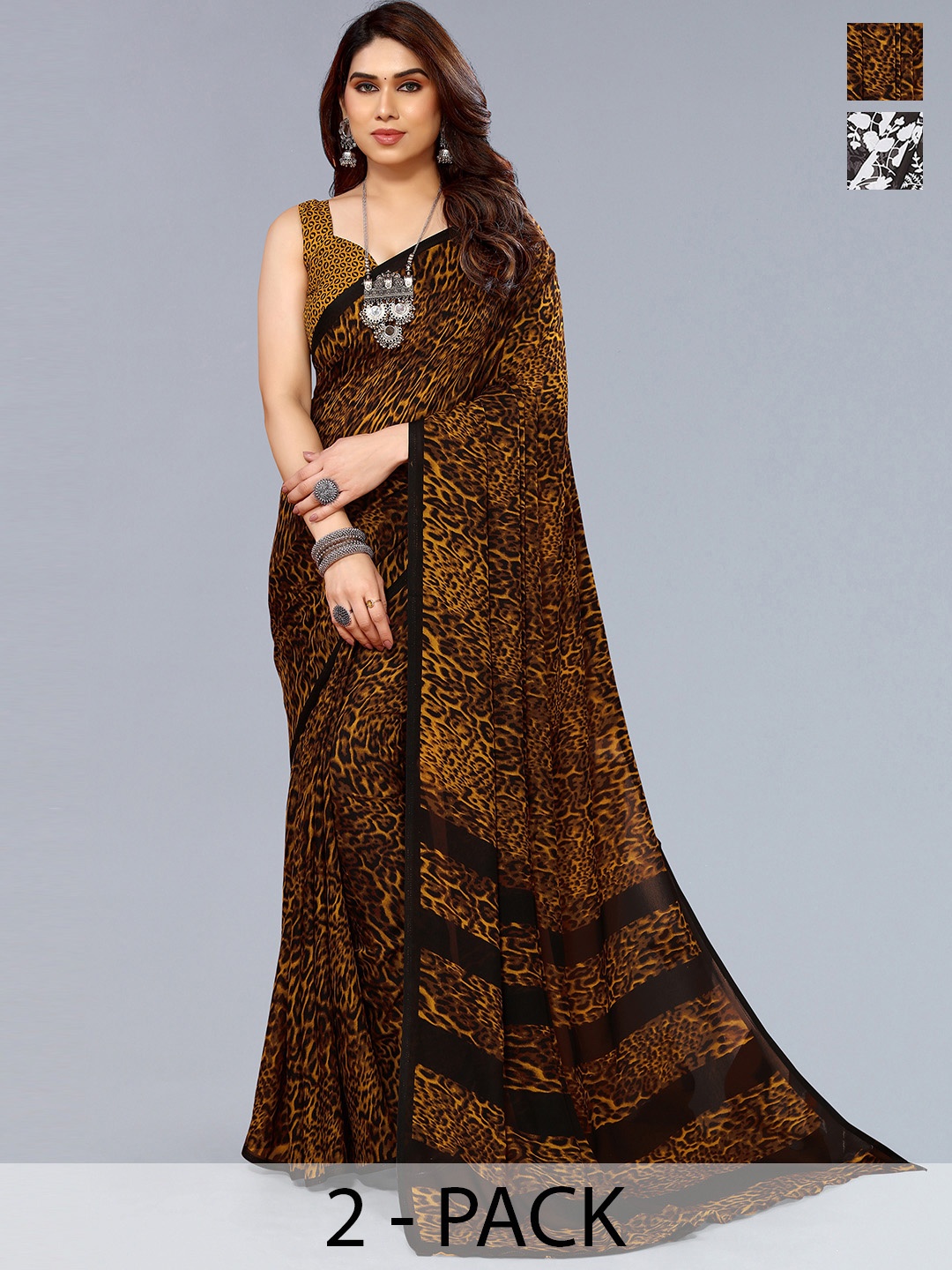 

ANAND SAREES Selection of 2 Floral Printed Saree, Brown