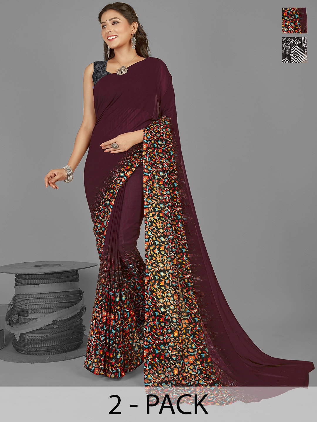 

ANAND SAREES Selection of 2 Printed Saree, Black