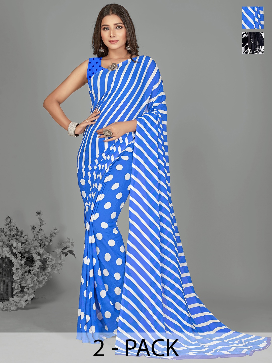 

ANAND SAREES Selection of 2 Floral Printed Saree, Black