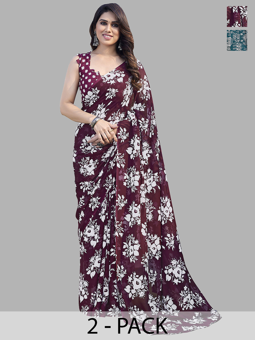 

ANAND SAREES Selection of 2 Floral Printed Saree, White