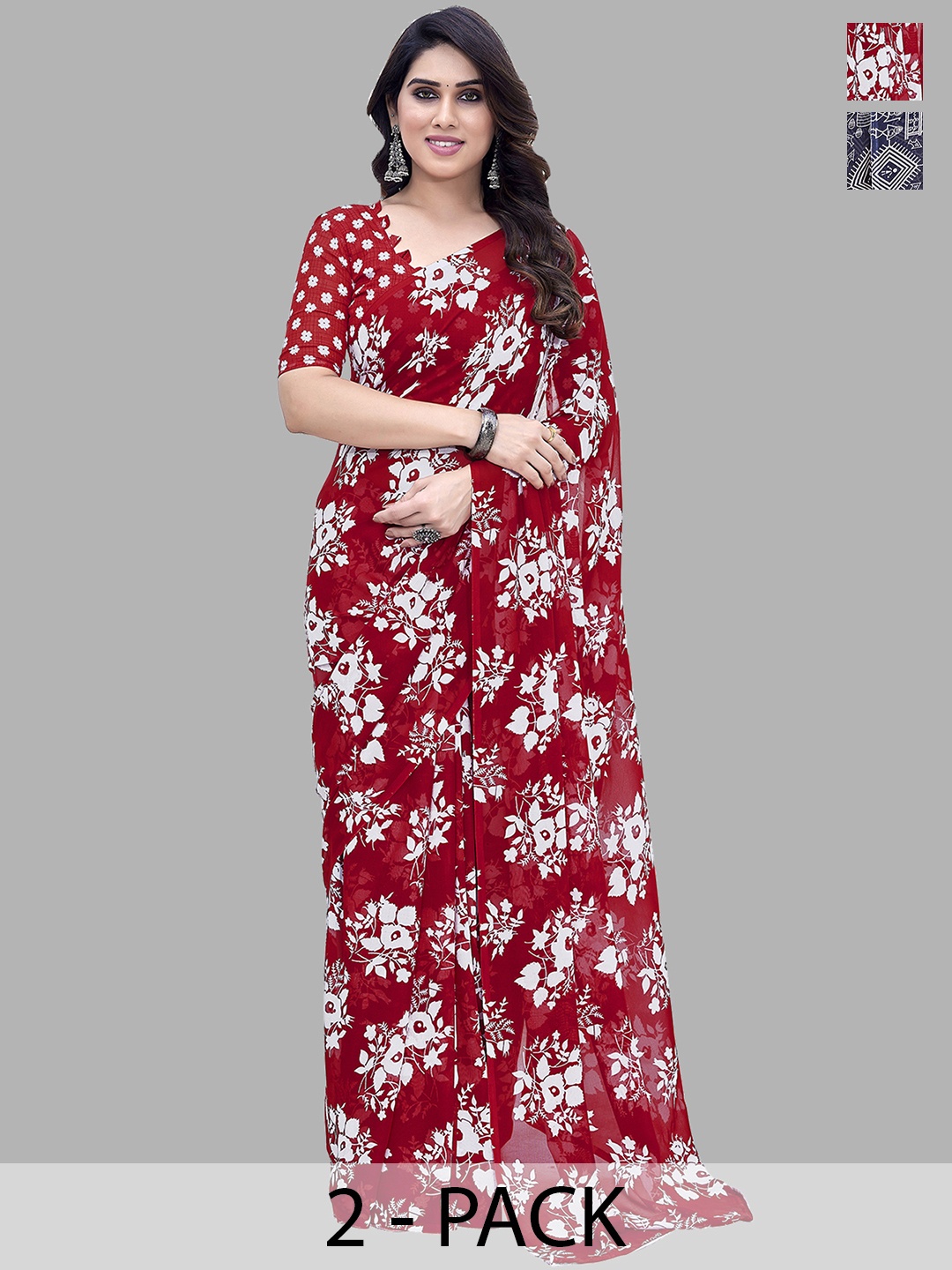 

ANAND SAREES Selection of 2 Floral Printed Saree, Red