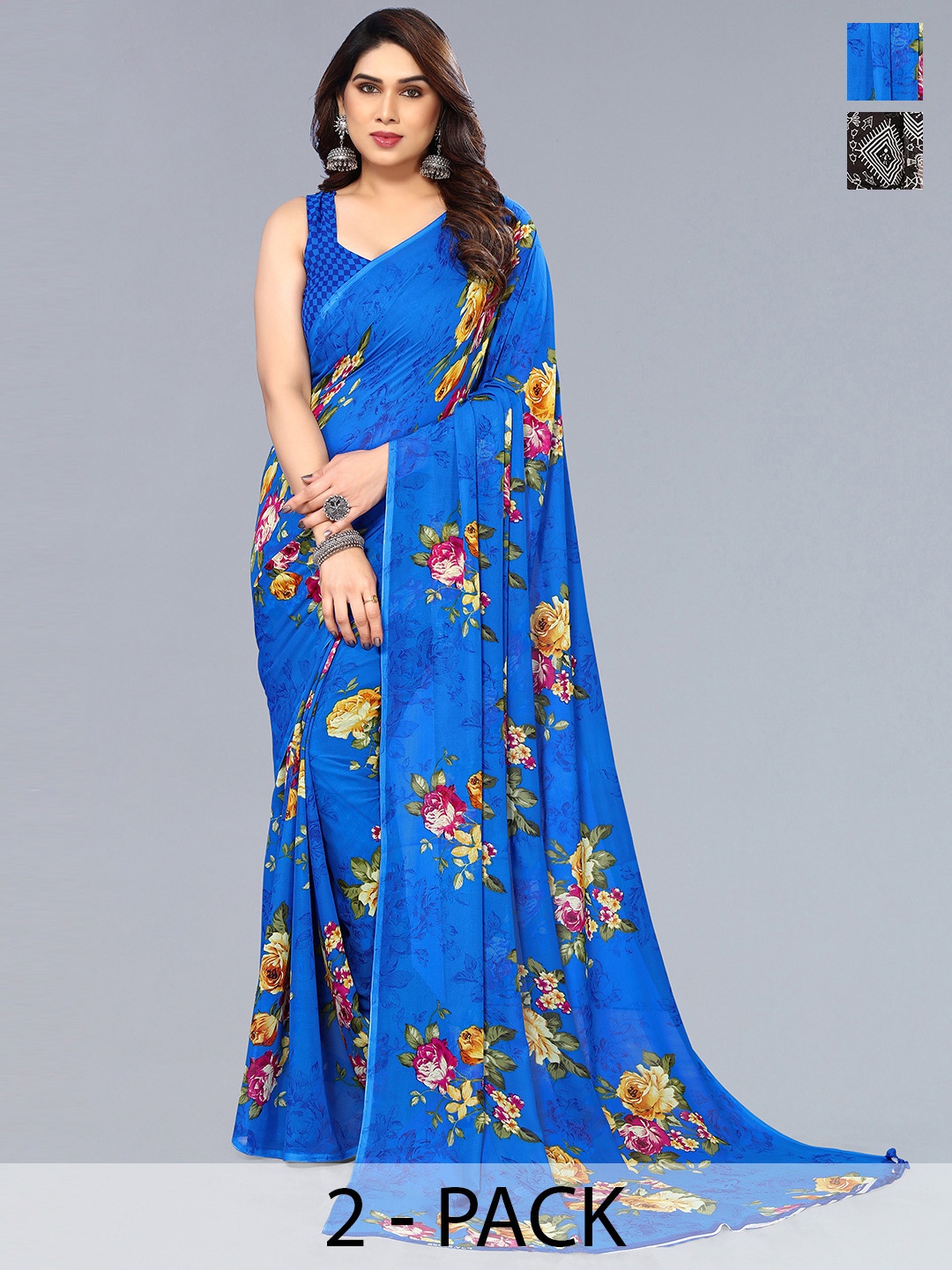 

ANAND SAREES Selection of 2 Floral Printed Saree, Black