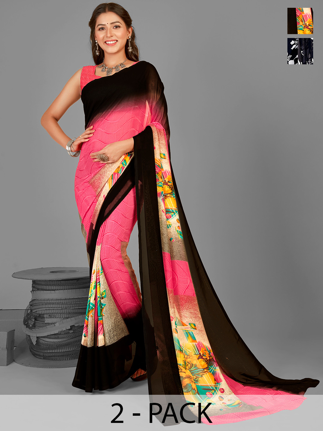 

ANAND SAREES Selection of 2 Floral Printed Saree, Black